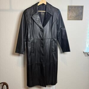 Women's Winlit Long Black 100% Leather Button Front Coat Size Medium